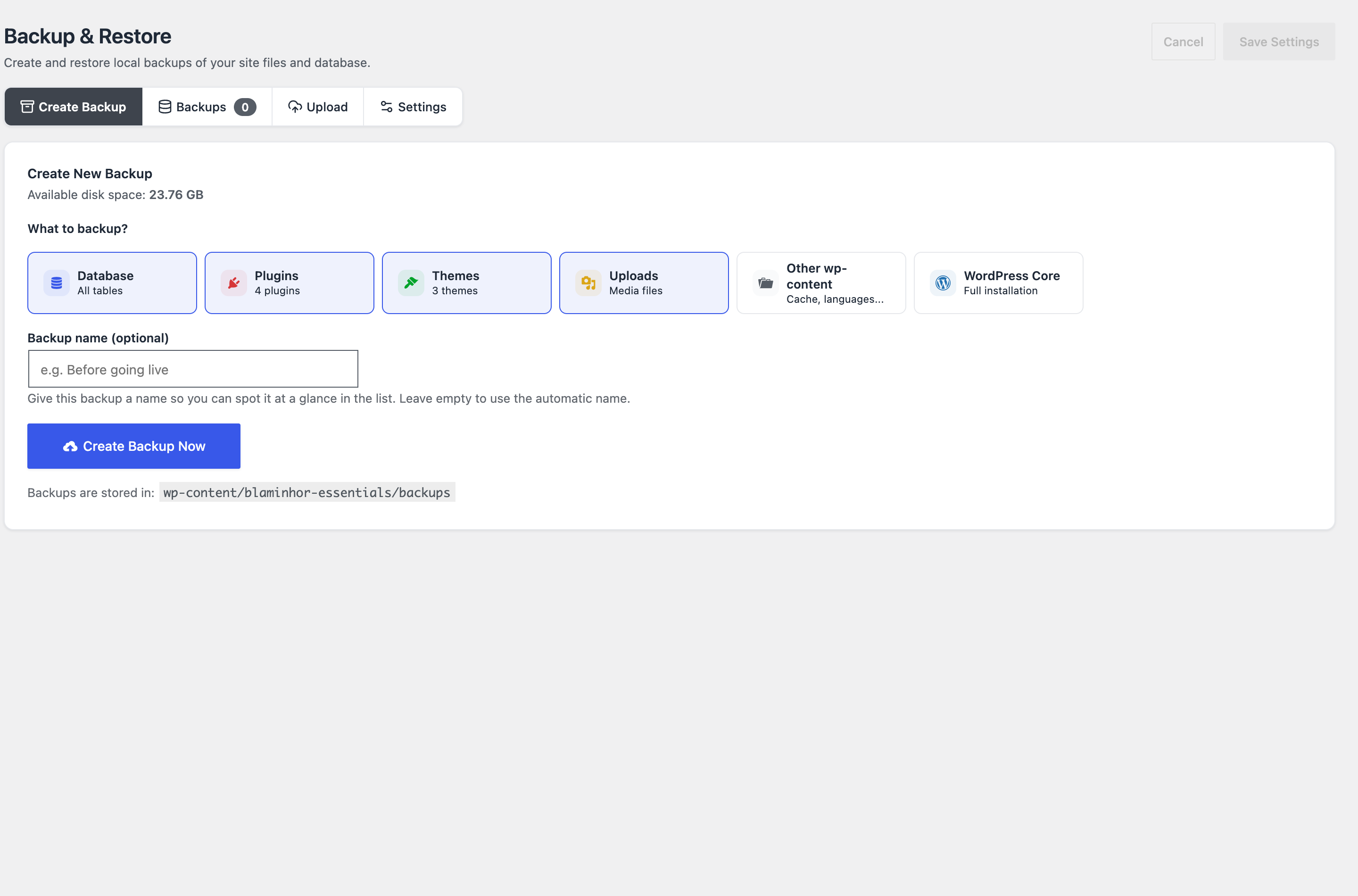 El módulo Backup & Restore: elige base de datos, plugins, temas y medios, nombra la copia y créala, con programación y restauración en un clic.