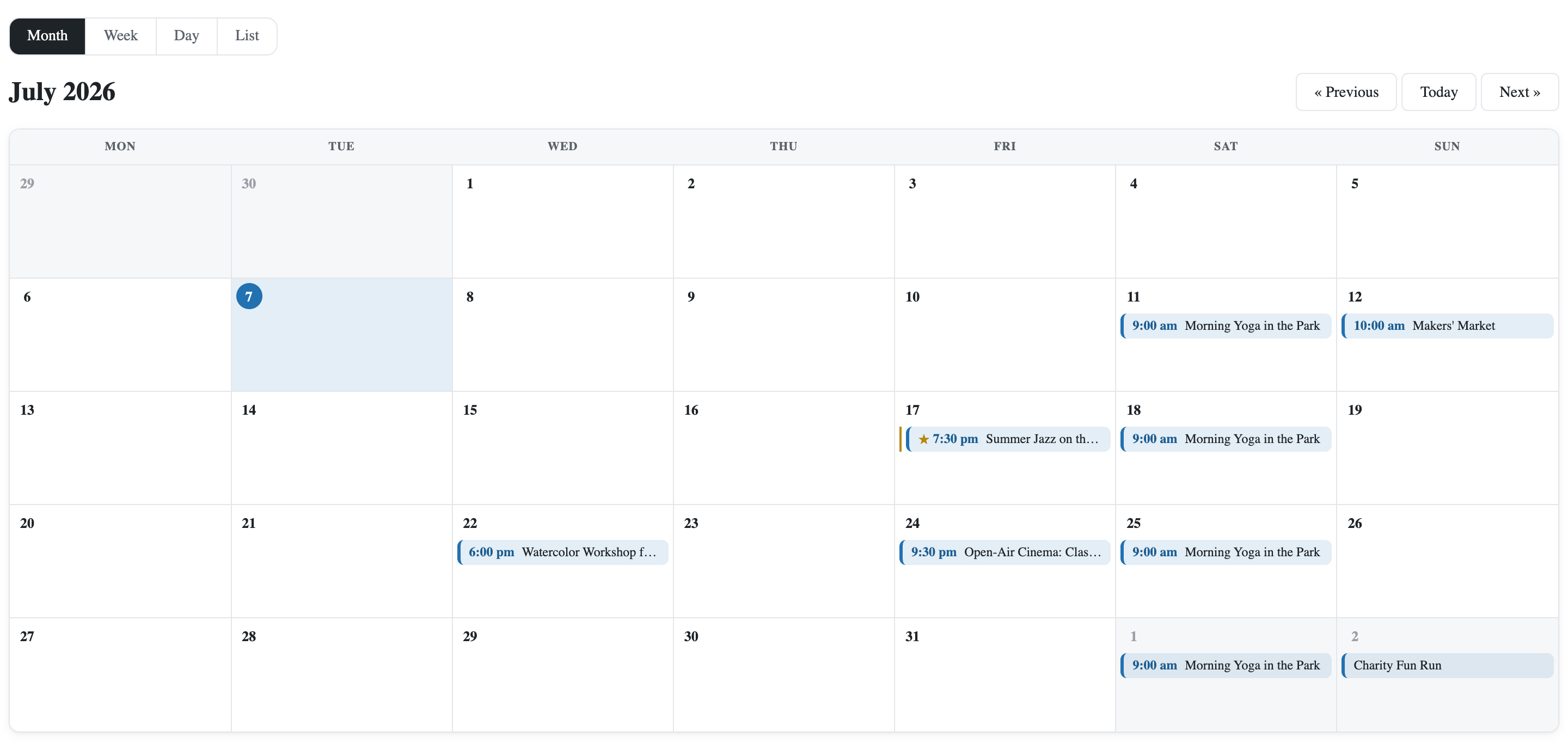 The public month view: one-off, recurring and all-day events across a July, with the Month / Week / Day / List switcher.
