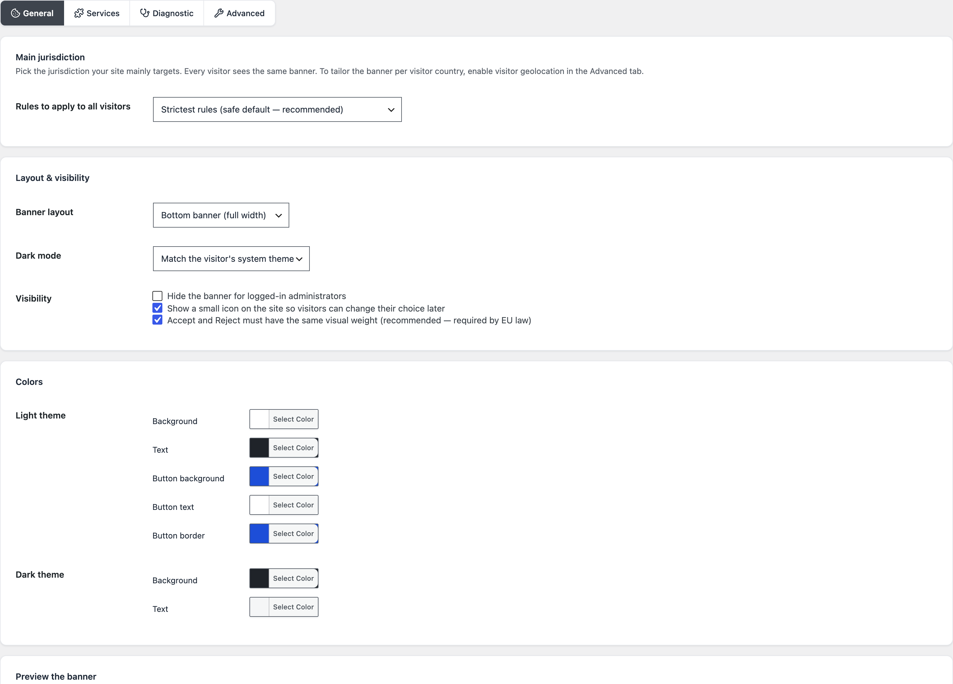 The settings of the Blaminhor Essentials Cookies module: jurisdiction presets, service categories, and banner options.