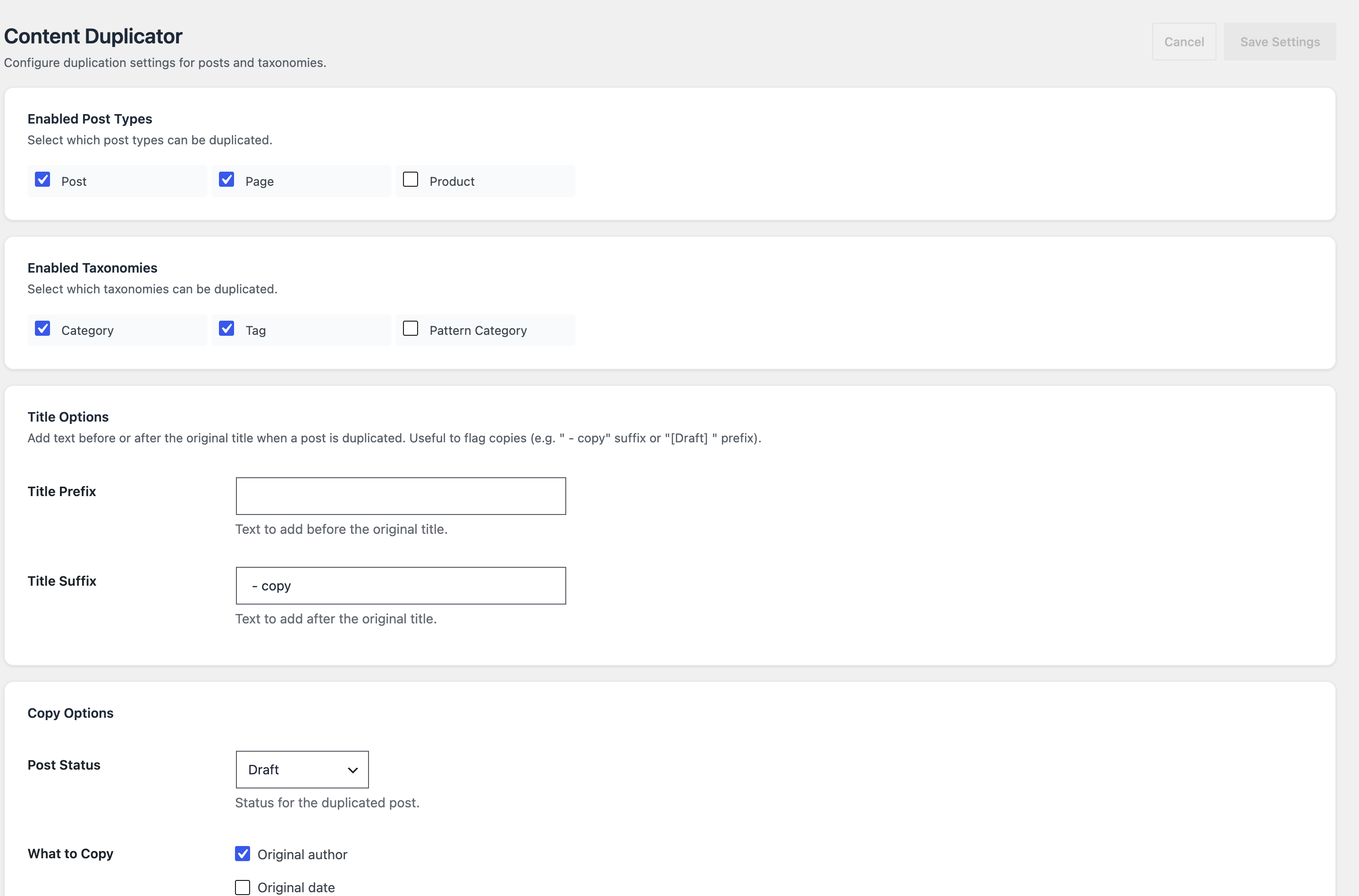 El módulo Content Duplicator: elige qué tipos de contenido y taxonomías se pueden duplicar, añade un sufijo de título como «- copia» y define el estado de la copia.