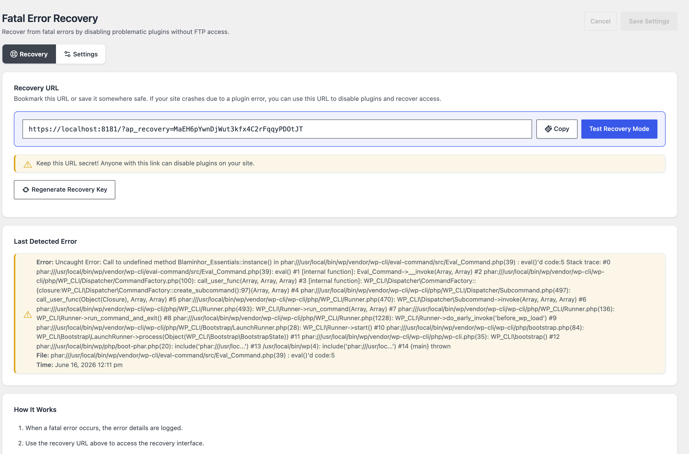 El módulo Fatal Error Recovery: una URL de recuperación secreta para guardar en favoritos, un aviso de mantenerla privada y el último error fatal detectado con su stack trace completo.