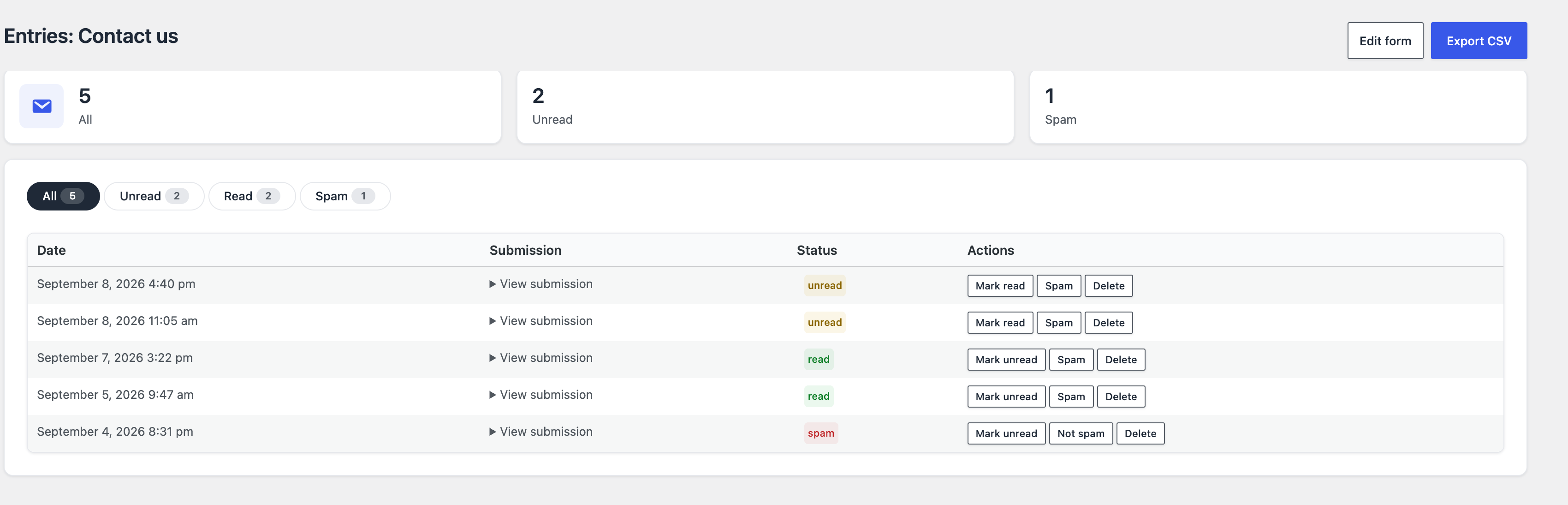 The Entries screen of the Forms module: five dated submissions, their unread, read or spam status, the sorting actions and the CSV export button.