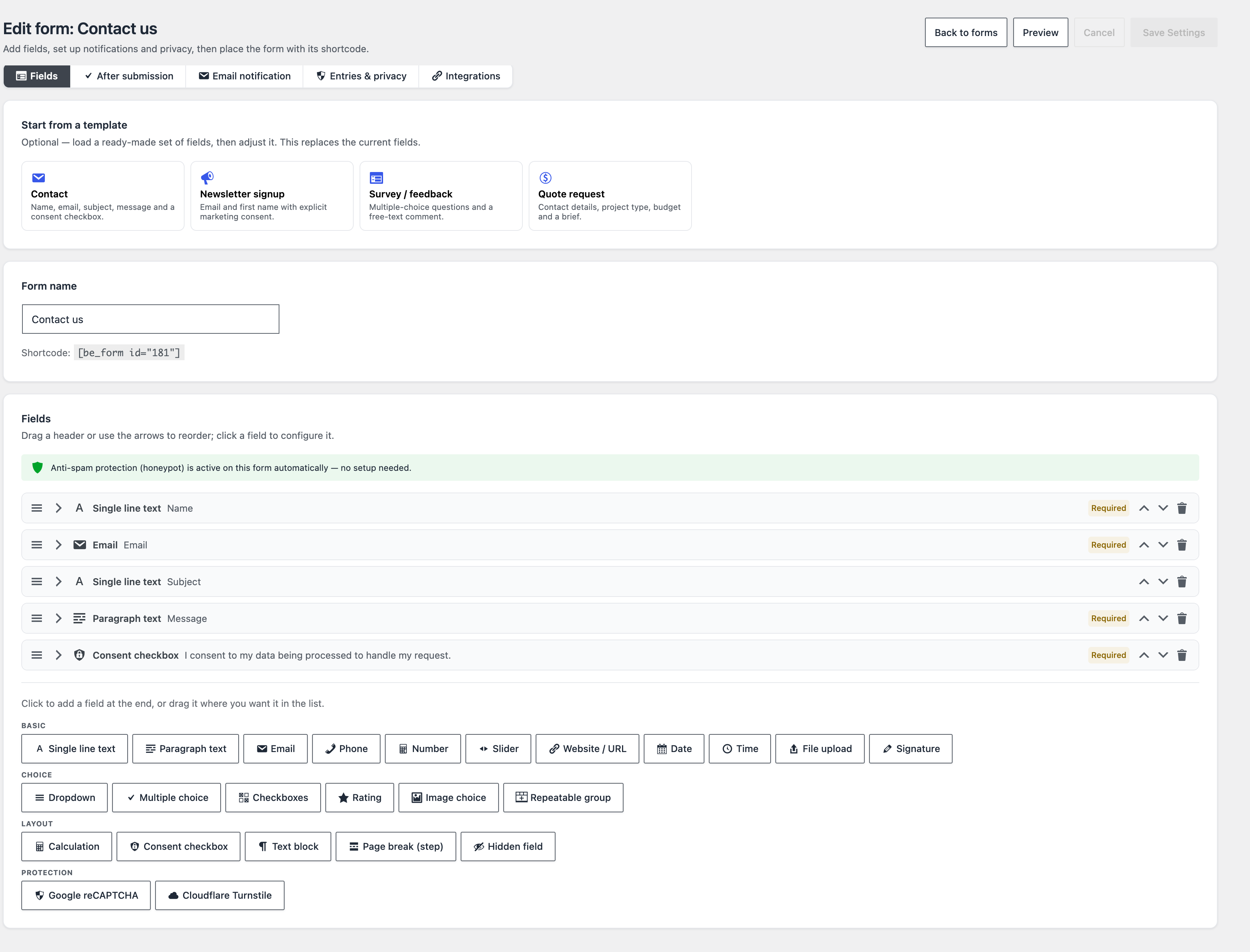 The form builder: ready-made templates, the form's shortcode, the field list and the add-field palette sorted by family.