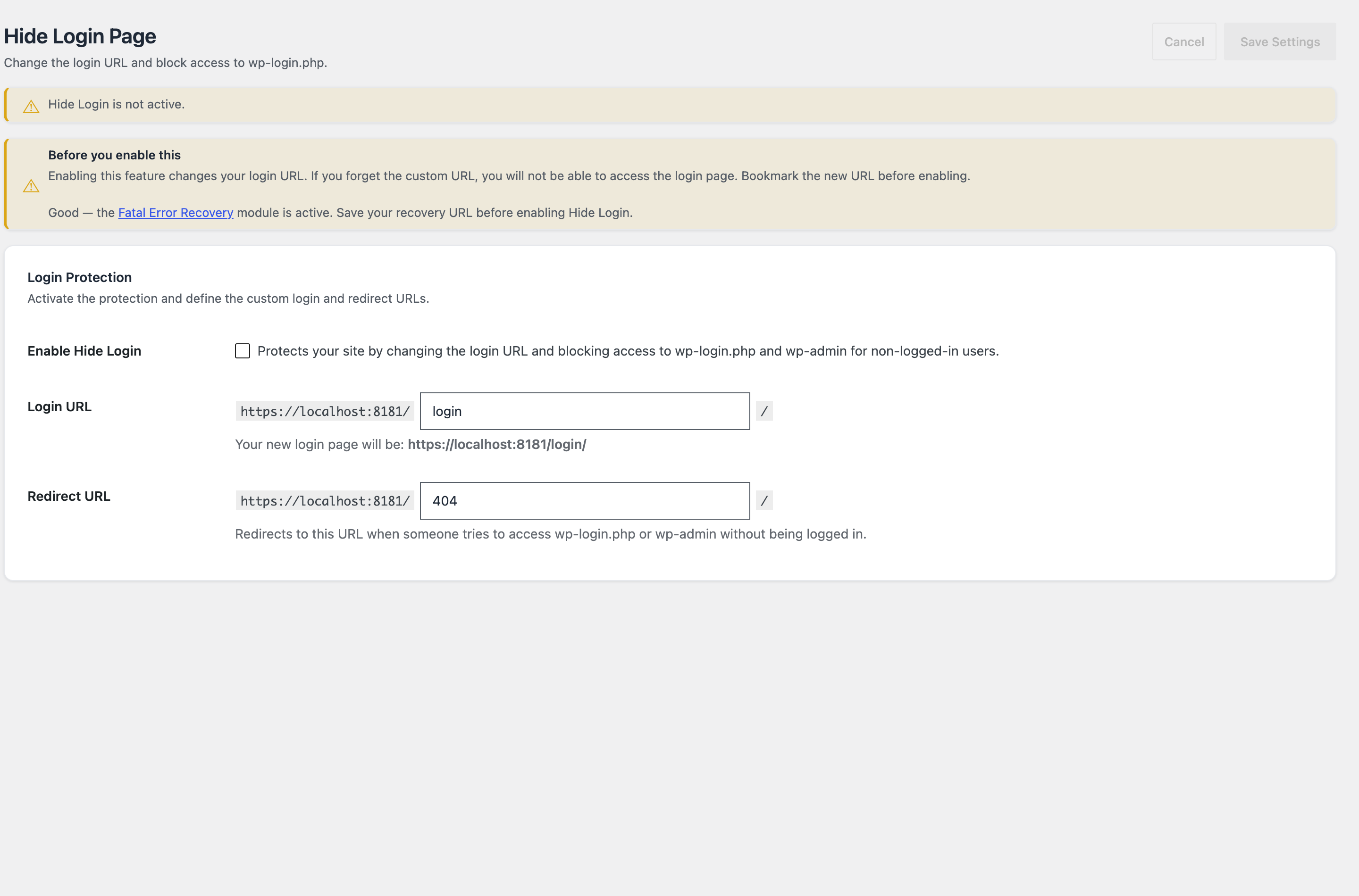 El módulo Hide Login Page: define un slug de acceso personalizado y un destino de redirección para visitantes no autorizados, con un recordatorio de emparejarlo con Fatal Error Recovery.