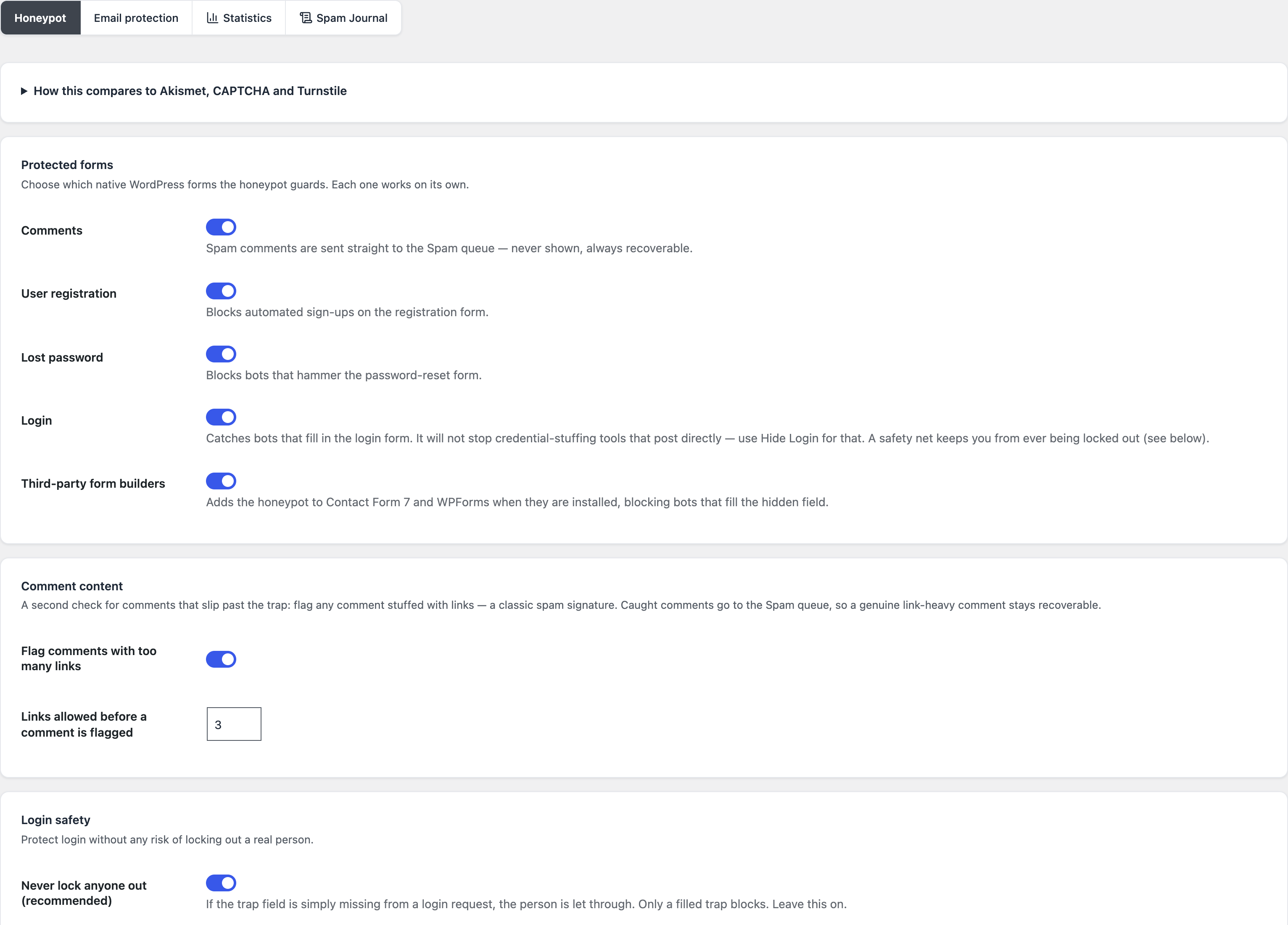 The settings of the Blaminhor Essentials Anti-Spam module: each form is protected with a single checkbox, with no API key and no external service.