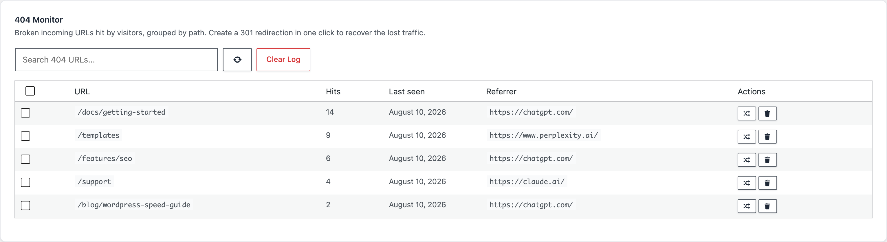 The 404 monitor of Blaminhor Essentials: paths, hit counts and referrers, with a one-click redirect action on each row.
