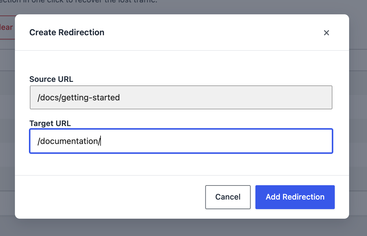 Turning a logged 404 into a 301 redirection: one field for the target URL, and the entry is resolved.