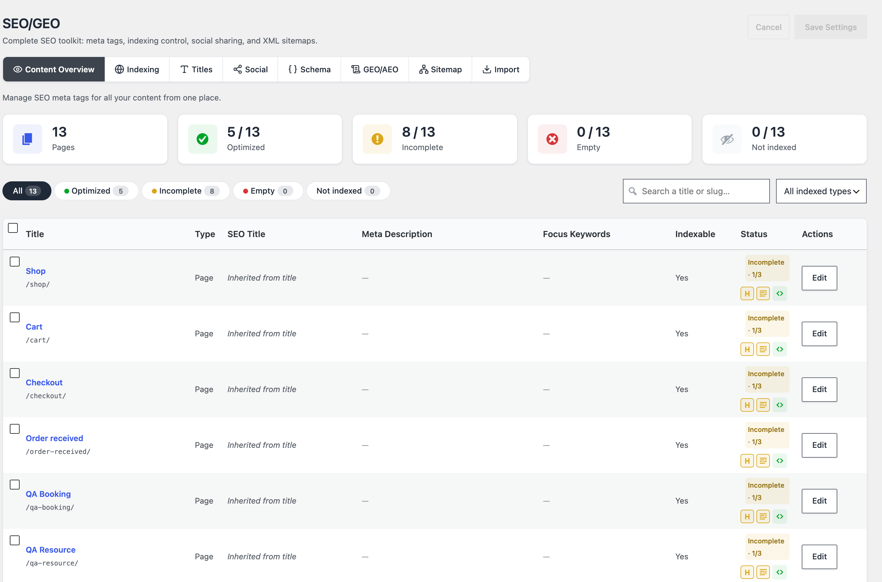 El módulo SEO/GEO: una vista general del estado de optimización de cada página, con recuentos de entradas optimizadas, incompletas y vacías.