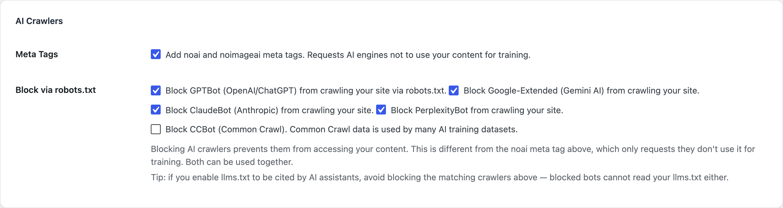 La sección Rastreadores de IA del módulo SEO: una casilla por rastreador para bloquear vía robots.txt, más el interruptor de la metaetiqueta noai.