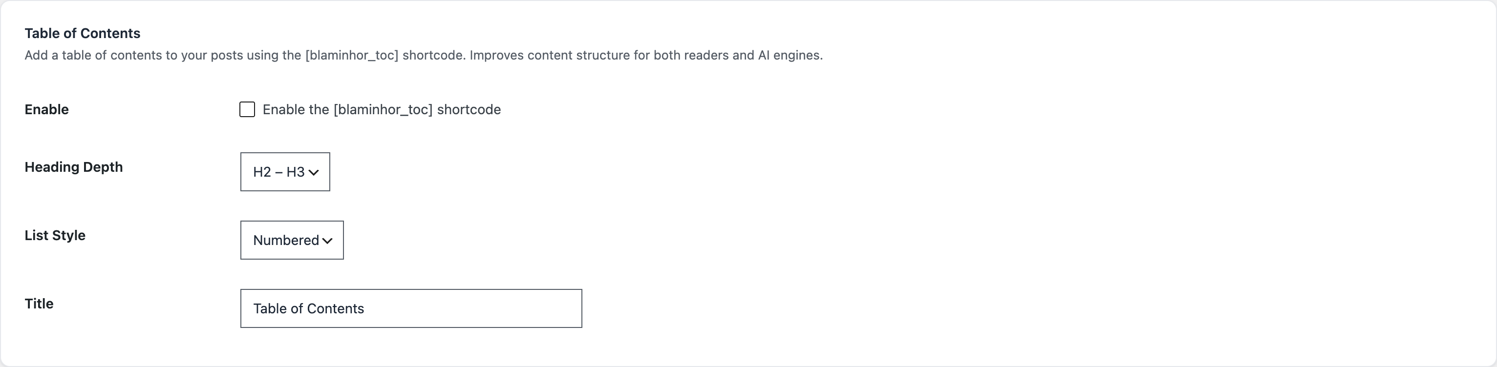The table of contents settings in the Blaminhor Essentials SEO module: heading depth and list style.