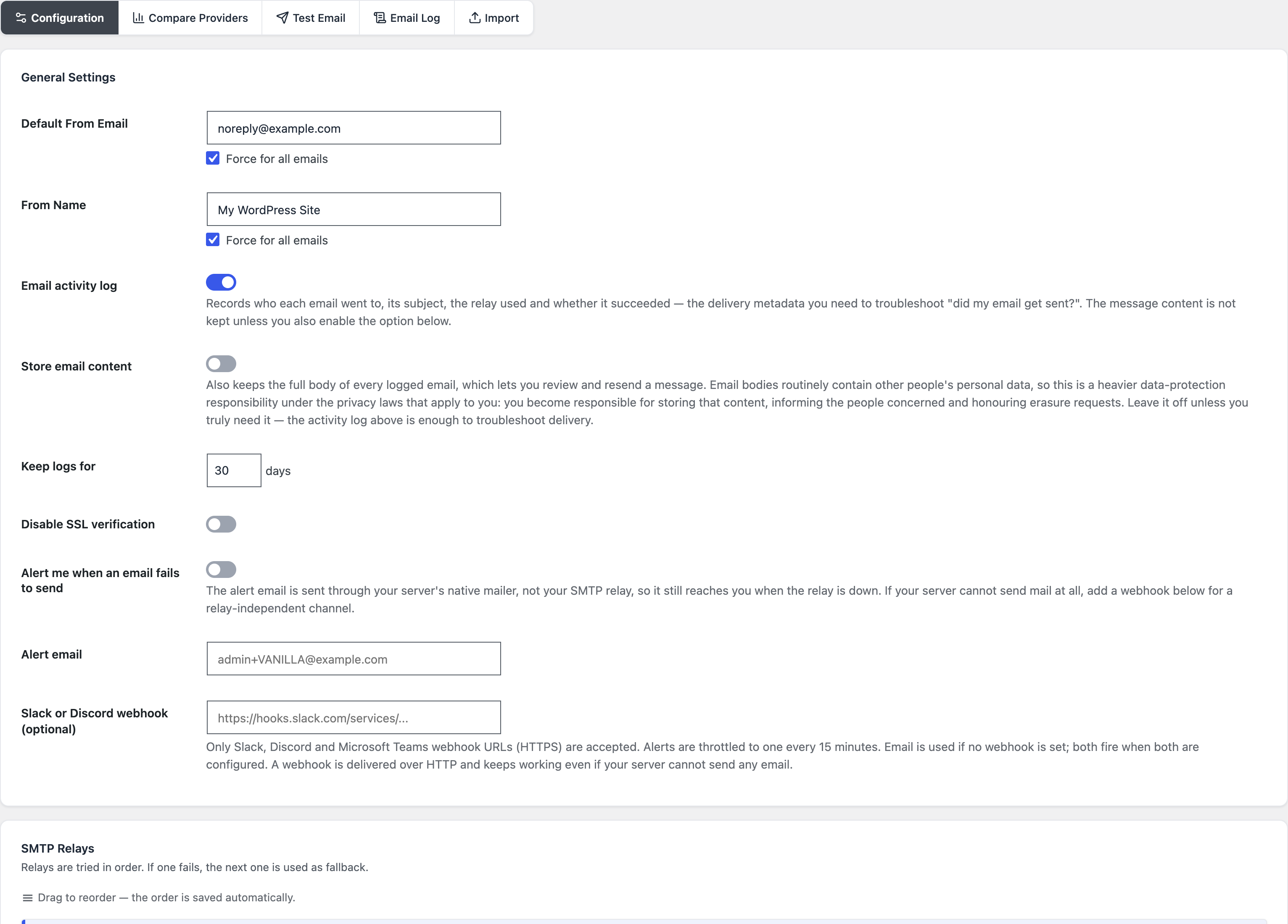 The Blaminhor Essentials SMTP module: preconfigured relays, sender settings, and the email log.