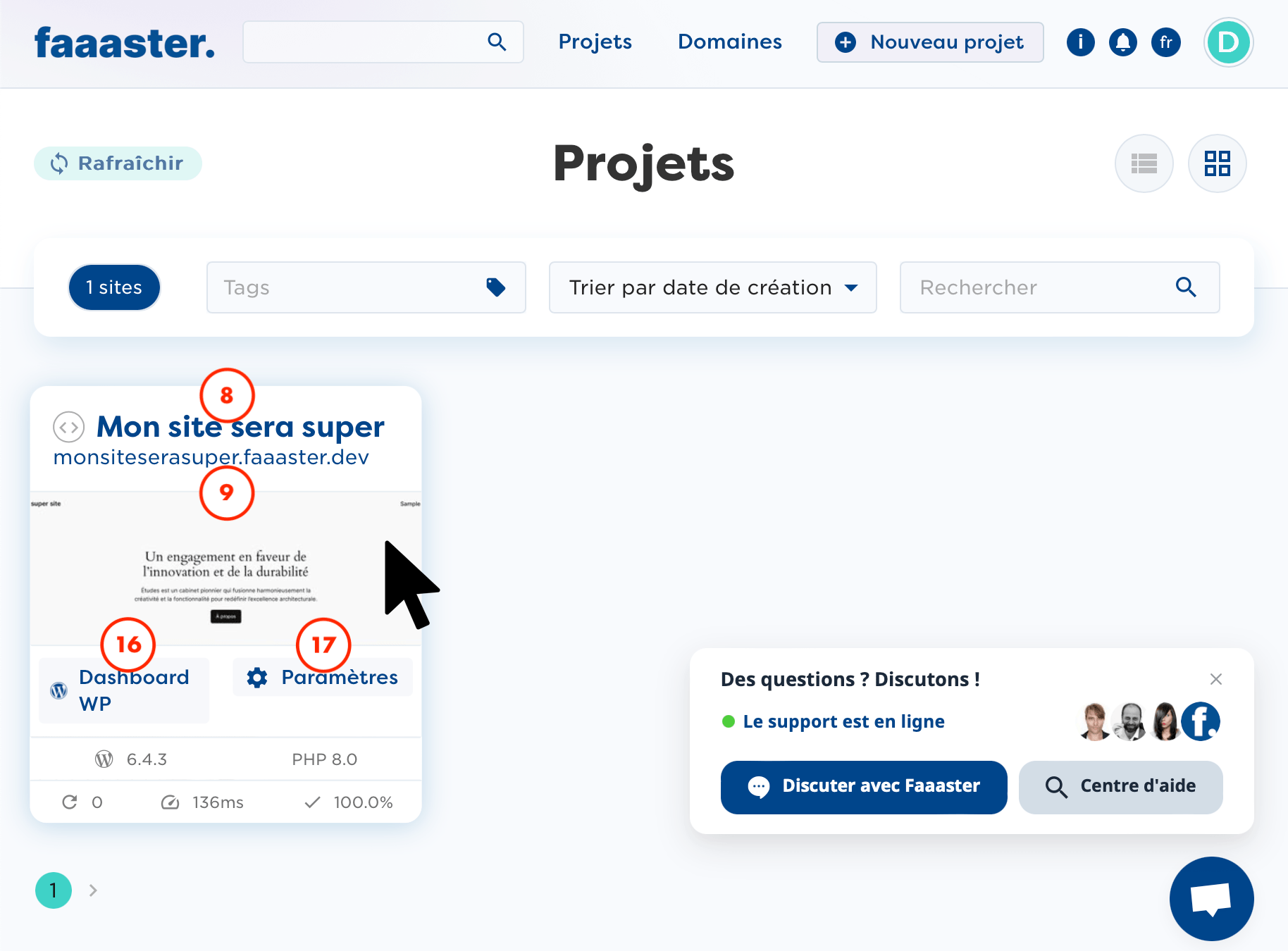 Faaaster - Dashboard - Hovering over a project
