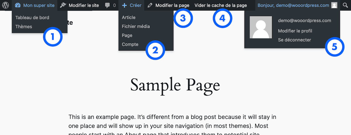 WordPress - top shortcut bar